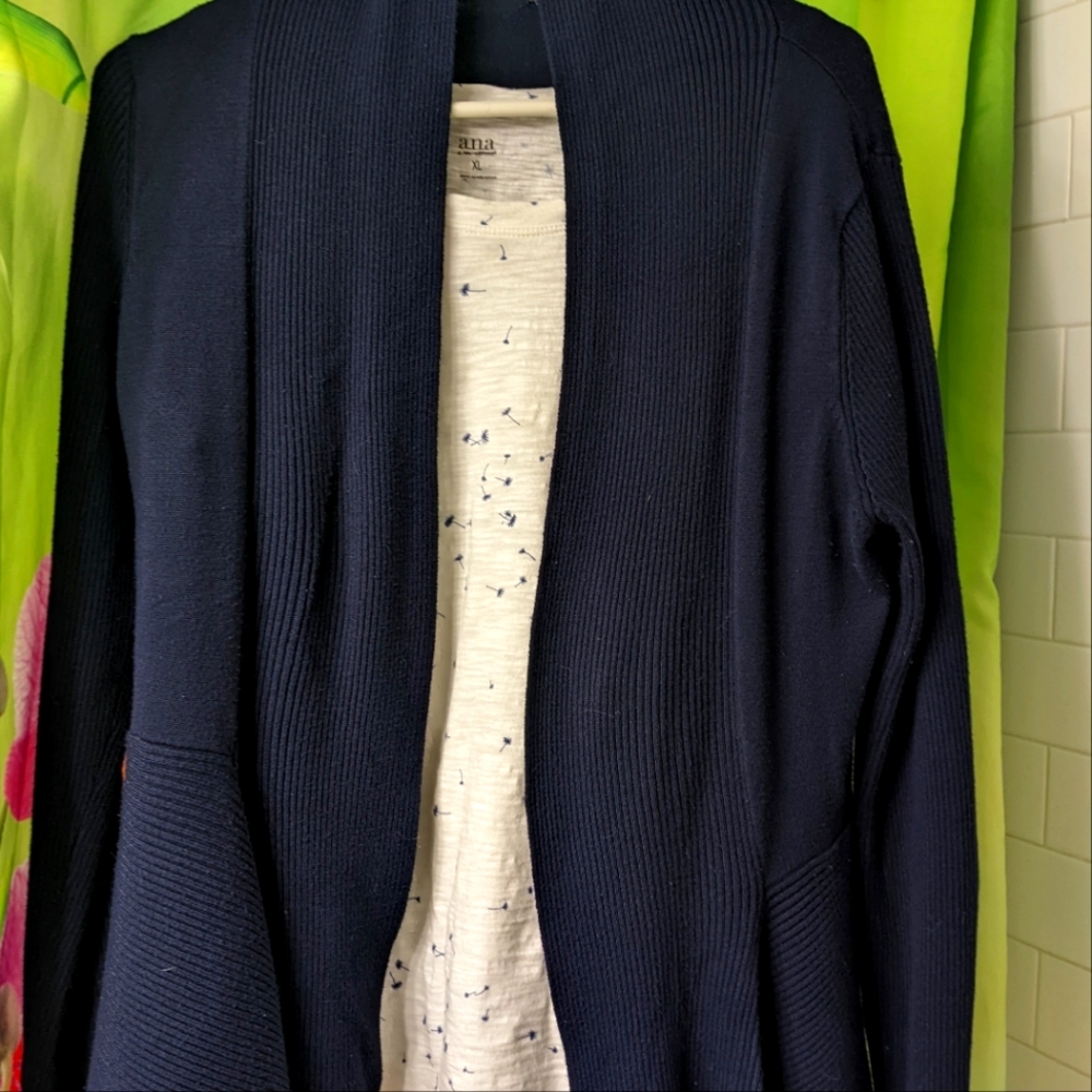 Gently used navy blue open sweater.